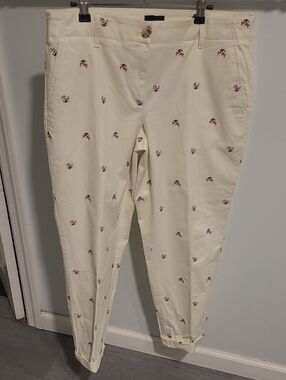 Talbots Cream Chino Pants with Pink Floral Embroidery